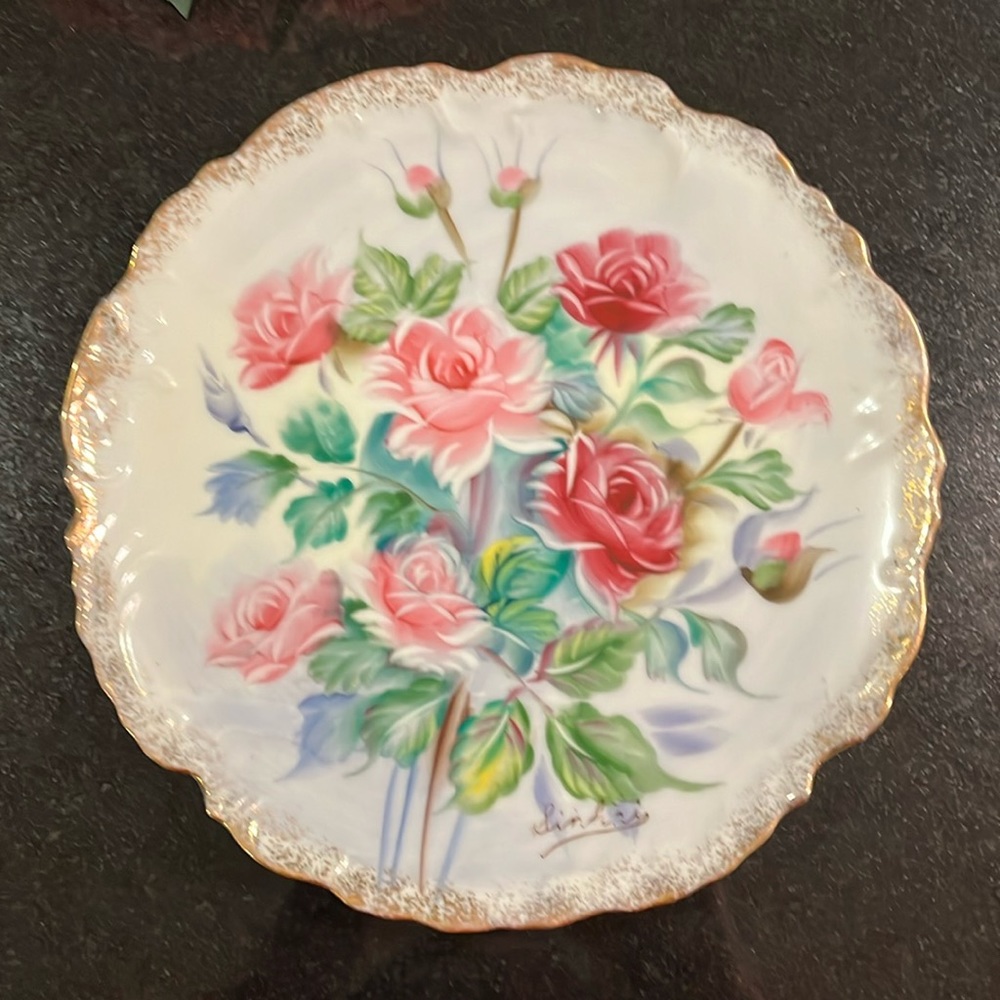 Lovely Signed Antique Plate - Pink Roses with Scalloped Edges & Trimmed in Gold